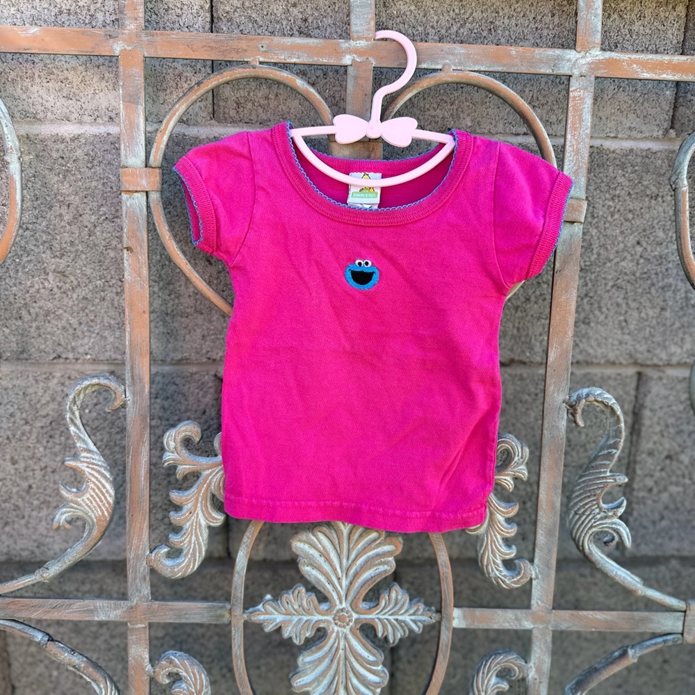 Sesame Street Hot Pink Short Sleeve Tee with Cookie Monster Embroidered Patch
